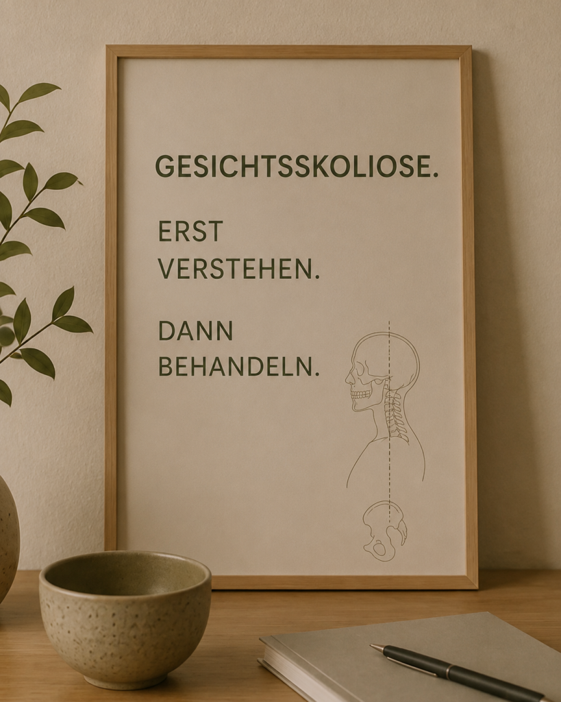 Minimalistisches Poster zum Thema Gesichtsskoliose mit der Botschaft „Erst verstehen. Dann behandeln.“ – Sinnbild für präzise Diagnostik und ganzheitliche Therapie.