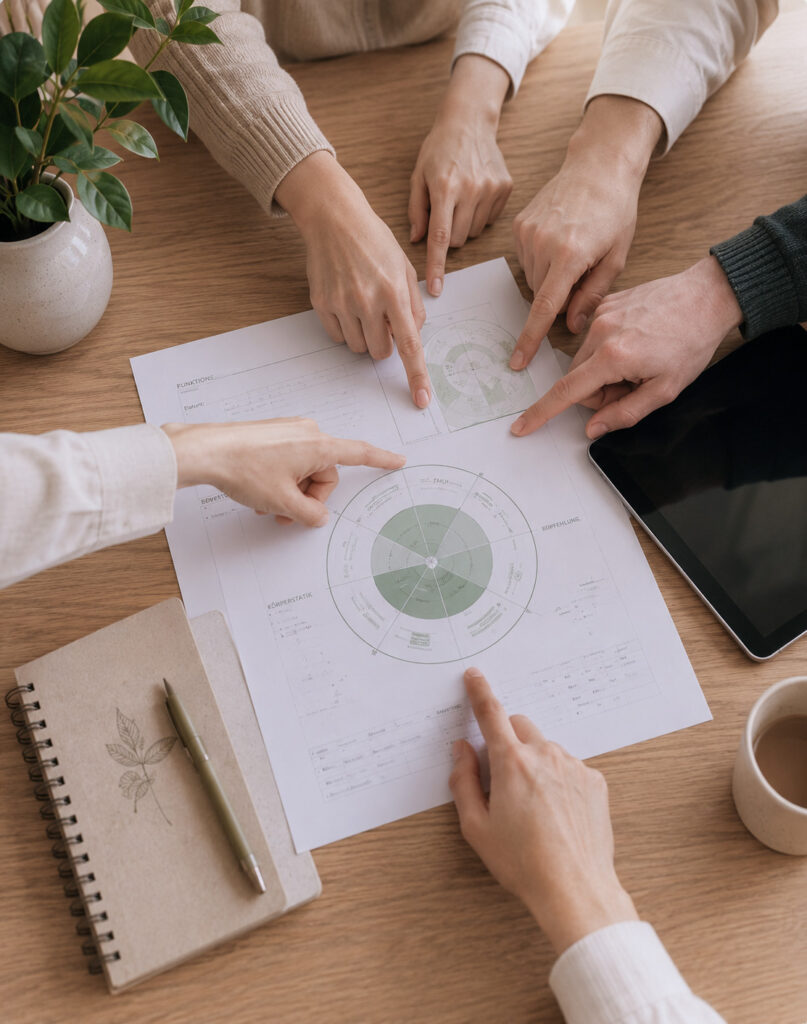 Mehrere Hände zeigen gemeinsam auf eine funktionelle Analyse mit Diagrammen auf einem Holztisch – Symbol für interdisziplinäre Diagnostik, Teamarbeit und gemeinsames Clinical Reasoning in der Praxis KörperRaum.