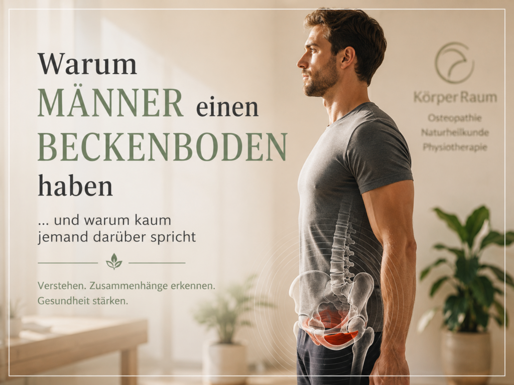 Mann im Profil mit transparenter Darstellung von Wirbelsäule, Becken und Beckenboden