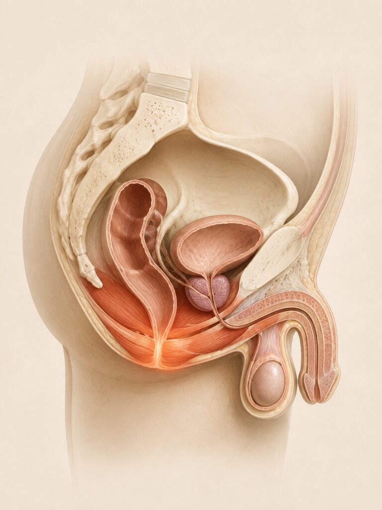 Anatomische Seitenansicht des männlichen Beckens mit Beckenboden, Prostata, Harnblase, Enddarm und Dammbereich