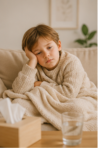 Kind mit Infekt erholt sich zu Hause auf dem Sofa – häufige Infekte und Regeneration bei Kindern