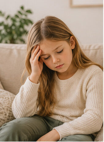 Kind mit Kopfschmerzen hält sich die Schläfe – häufige Ursachen von Kopfschmerzen bei Kindern