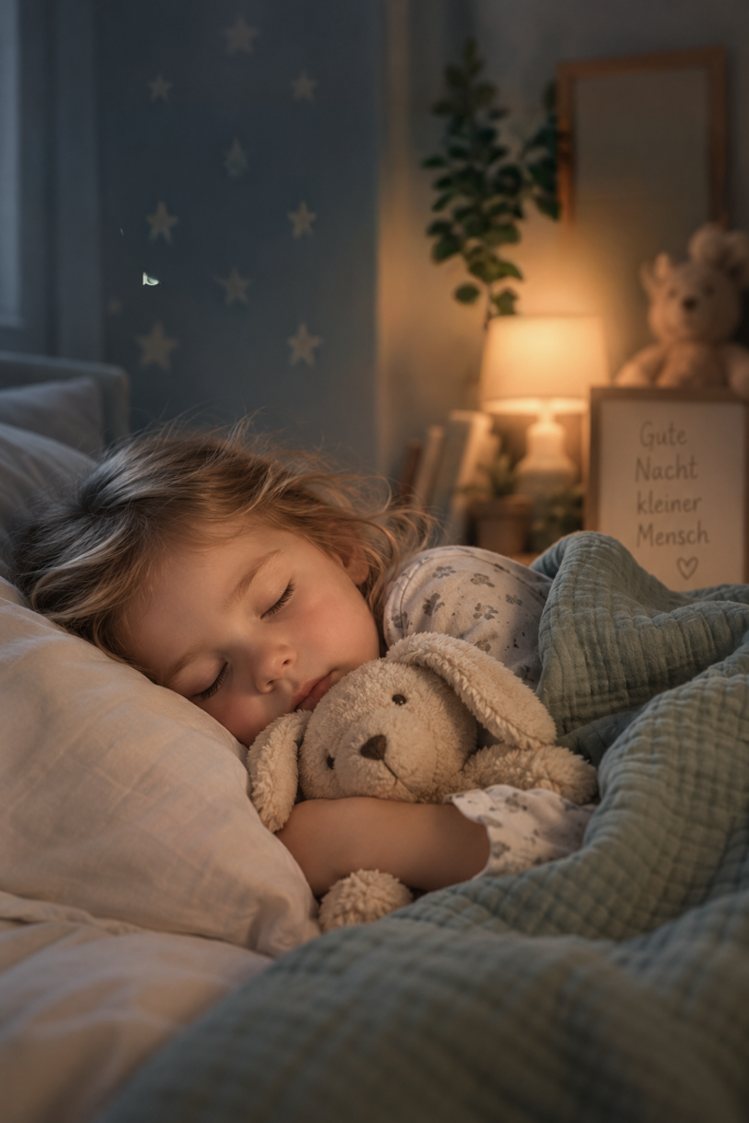 Schlafendes Kind im Bett mit Kuscheltier – Titelbild zum Beitrag „Kind schläft schlecht: Was hinter Schlafproblemen bei Kindern stecken kann“.